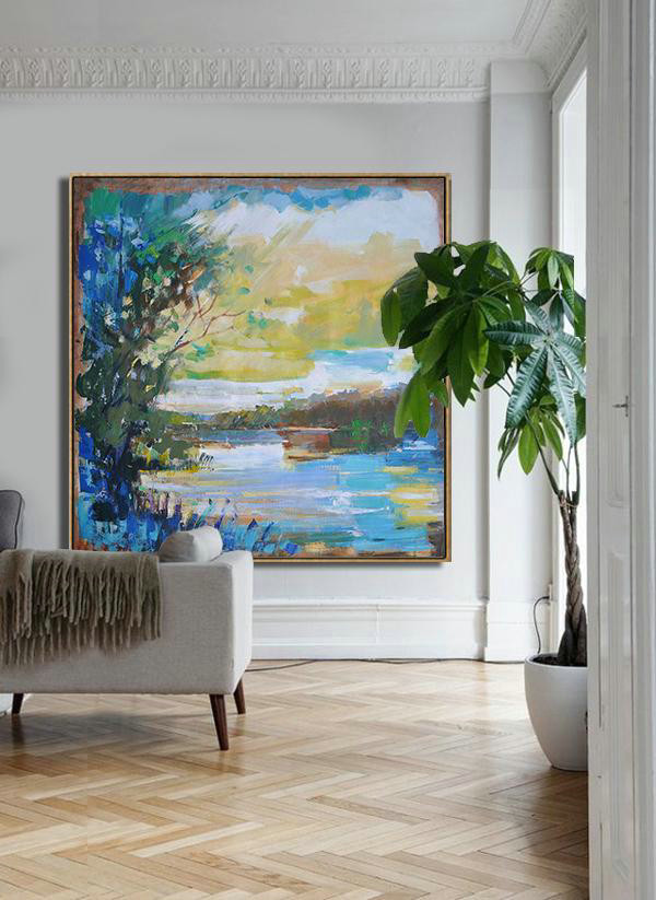 Extra Large Textured Painting On Canvas,Abstract Landscape Oil Painting,Extra Large Paintings,Yellow,White,Dark Green,Blue